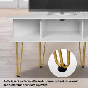 Corner TV Stand with 3 Open Divided Storage, Corner TV Console with Metal Feet and Anti-Slip Pads, Corner Entertainment Stand with Cable Hole, White