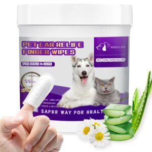 rosylife pet ear cleaner finger wipes, ear finger wipes, ear cleaning finger wipes for dogs & cats, gently removes dirt & odor, dissolves wax build-up, easy to use, natural ingredients - 55 count