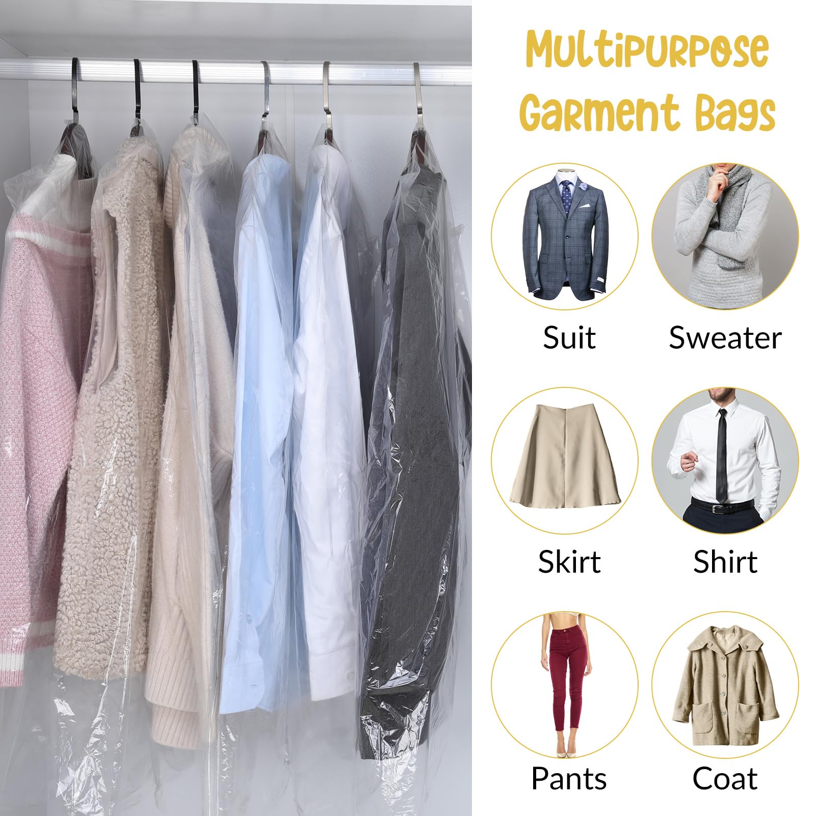 GGSTDDUP 50 Pcs Dry Cleaning Bag, 60 x 90 cm Clear Garment Bags Plastic Garment Bags for Clothes Storage for Skirt Coat Suit Shirt Jacket