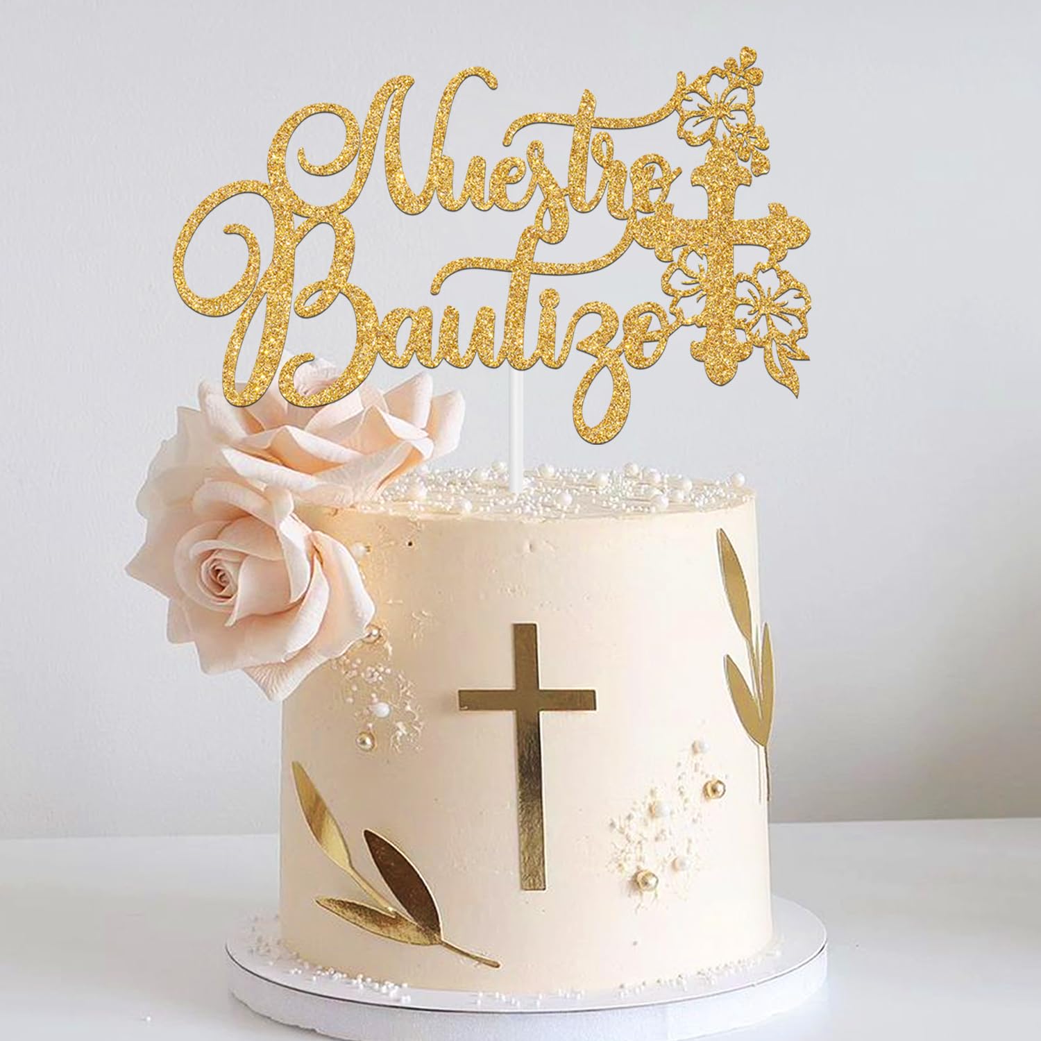 Nuestro Bautizo Cake Topper, Mi Primera Comunion, First Holy Communion, Bridal Shower/Wedding/Baptism/Christening Baby Shower Party Decorations, Gold Glitter