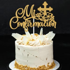 Mi Confirmacion Cake Topper, Mi Primera Comunion, First Holy Communion, Bridal Shower/Wedding/Baptism/Christening Baby Shower Party Decorations, Gold Glitter