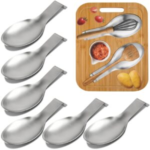 lainballow 6 pcs stainless steel spoon rest, spatula ladle holder, metal utensil rest, silver spatula rest for kitchen countertop, stove top (dishwasher safe)