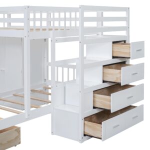 Harper & Bright Designs Full Over Twin Bunk Bed with Stairs & Wardrobe, Wood Bunk Bed with Storage Drawers, Kids Bunk Bed Full Over Twin Size for Bedroom,No Box Spring Needed(White)