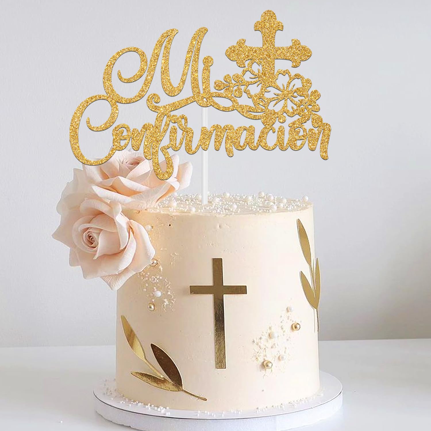 Mi Confirmacion Cake Topper, Mi Primera Comunion, First Holy Communion, Bridal Shower/Wedding/Baptism/Christening Baby Shower Party Decorations, Gold Glitter