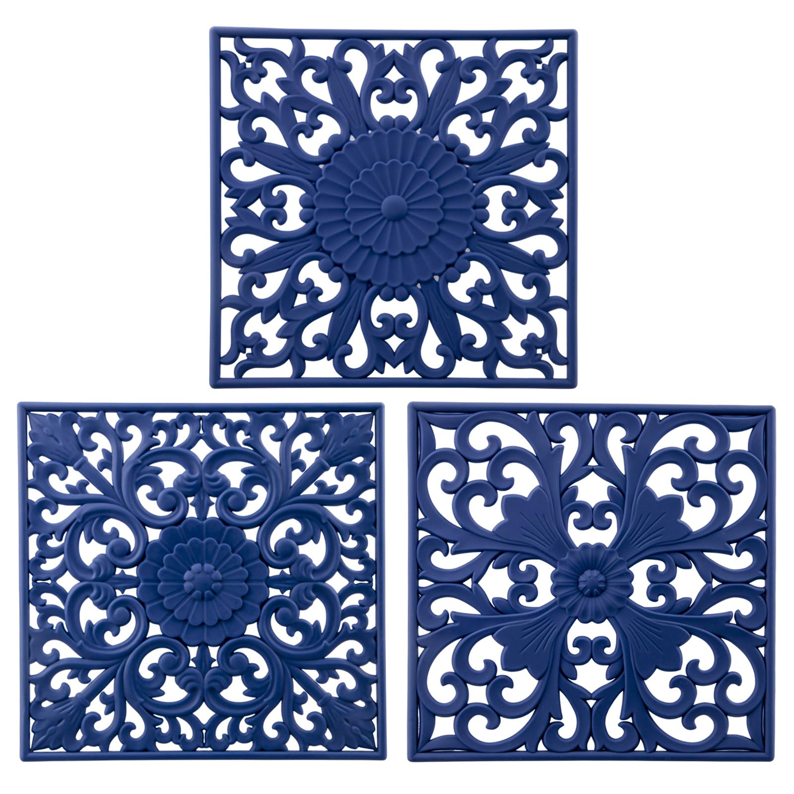 Kalsreui Silicone Trivets for Hot Dishes, Square Trivet Hot Pads for Kitchen Counter, Trivet Mat for Hot Pots and Pans, Heat Resistant Mat for Quartzs, Kitchen Tabletops Pot Holder Set 3 Navy Blue