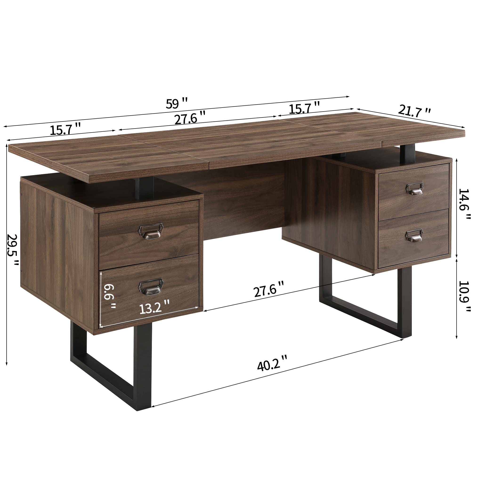 VERDANTREE Large Office Desk Computer Table with 4 Drawers for Home Office, 59" Study Writing Desk Workstation with Storage and Metal U Legs for Living Room, Office Walnut CTSZ20401WA