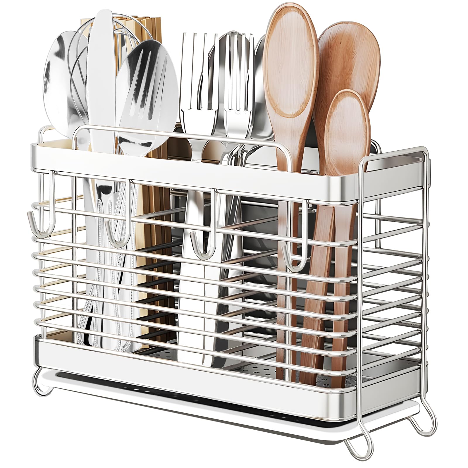 IWNTWY Utensil Holder, Stainless Steel Utensil Drying Rack with Drain Tray, Kitchen Counter Drainer Basket Silverware Cutlery Flatware Holder Forks, Knives, Spoons, Chopsticks Organizer (Silver)