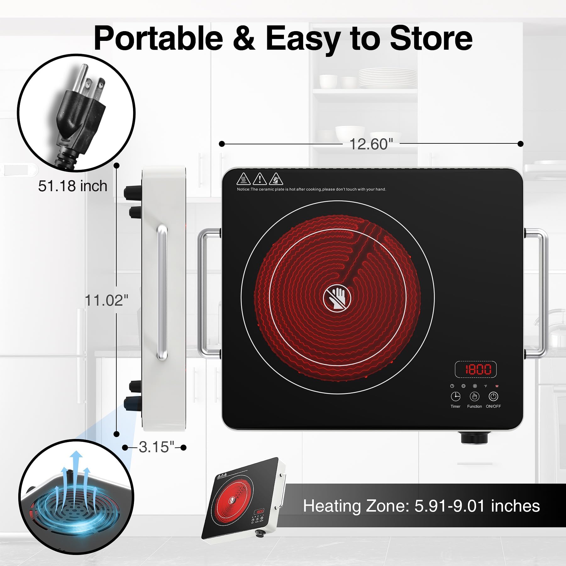 VBGK Electric Cooktop,110V Touch and knob Electric stove,1800W Single Burner Electric cooktop with Handle,9 Power Level, Kids Safety Lock & 4H Timer,Portable Induction Cooktop.