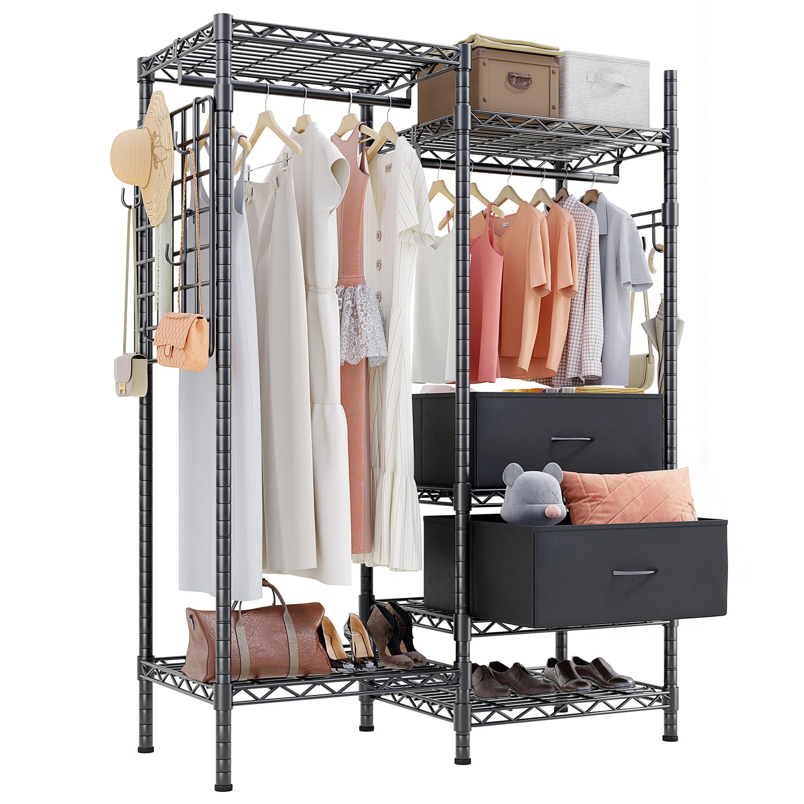 HOKEEPER Clothes Rack Heavy Duty Clothing Rack for Hanging Clothes Loads 1200LBS, Portable Closets Adjustable Garment Rack with Detachable Drawers, Side Mesh Board and Hooks 46.3"Wx16.9"Dx76.2"H Black