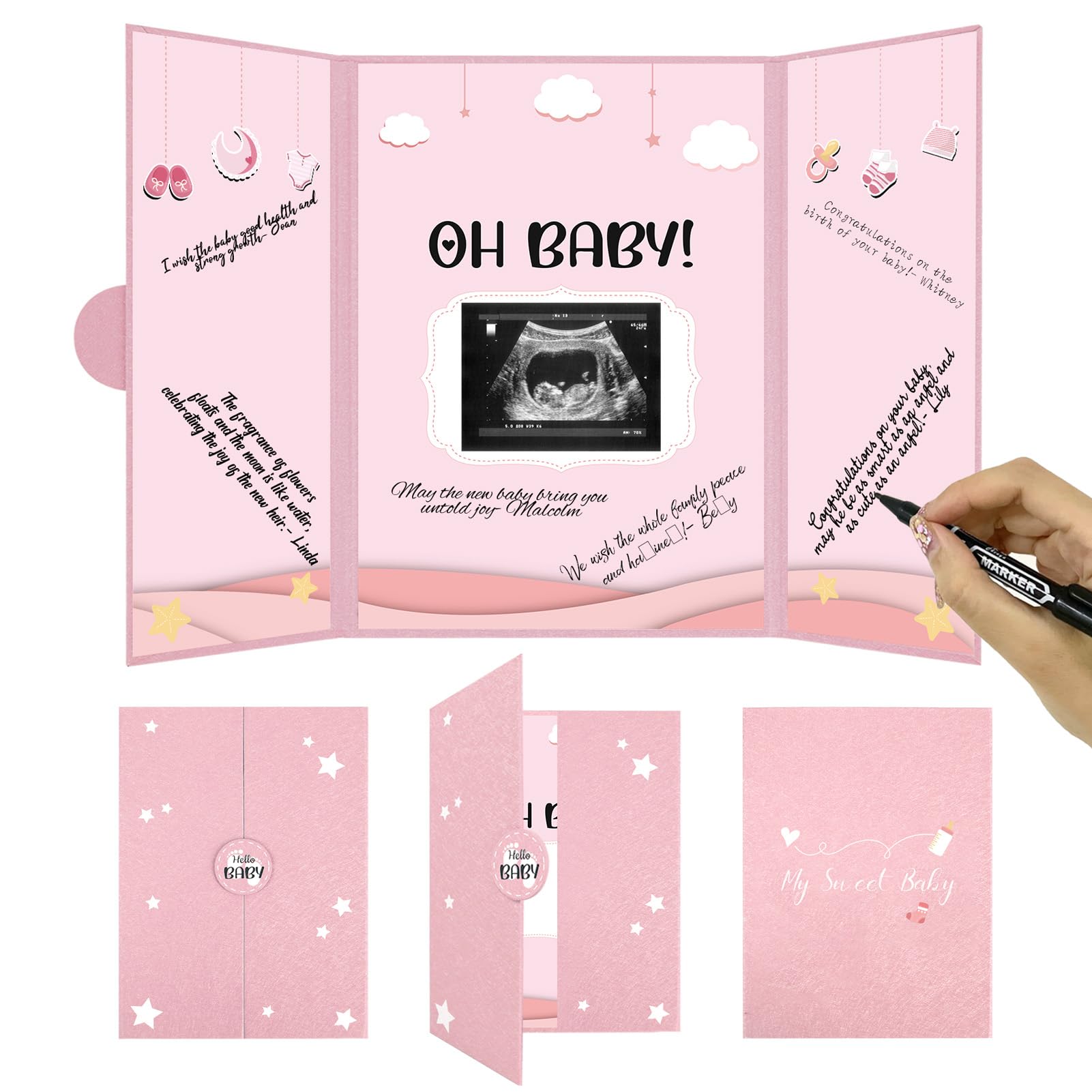 Crenics Baby Shower Decorations for Girl, Cute Baby Shower Signature Board with Picture, Pink Baby Shower Guest Book Alternatives 18" x 12", Creative Baby Shower Keepsake for Girls