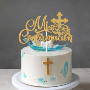 Mi Confirmacion Cake Topper, Mi Primera Comunion, First Holy Communion, Bridal Shower/Wedding/Baptism/Christening Baby Shower Party Decorations, Gold Glitter