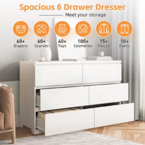 UZUGUL White Dresser for Bedroom, 48'' Modern 6 Drawer Dresser with Deep Drawer,Storage Chest of Drawer, Wood Dresser,Bedroom Dresser Furniture,TV Dresser for Living Room