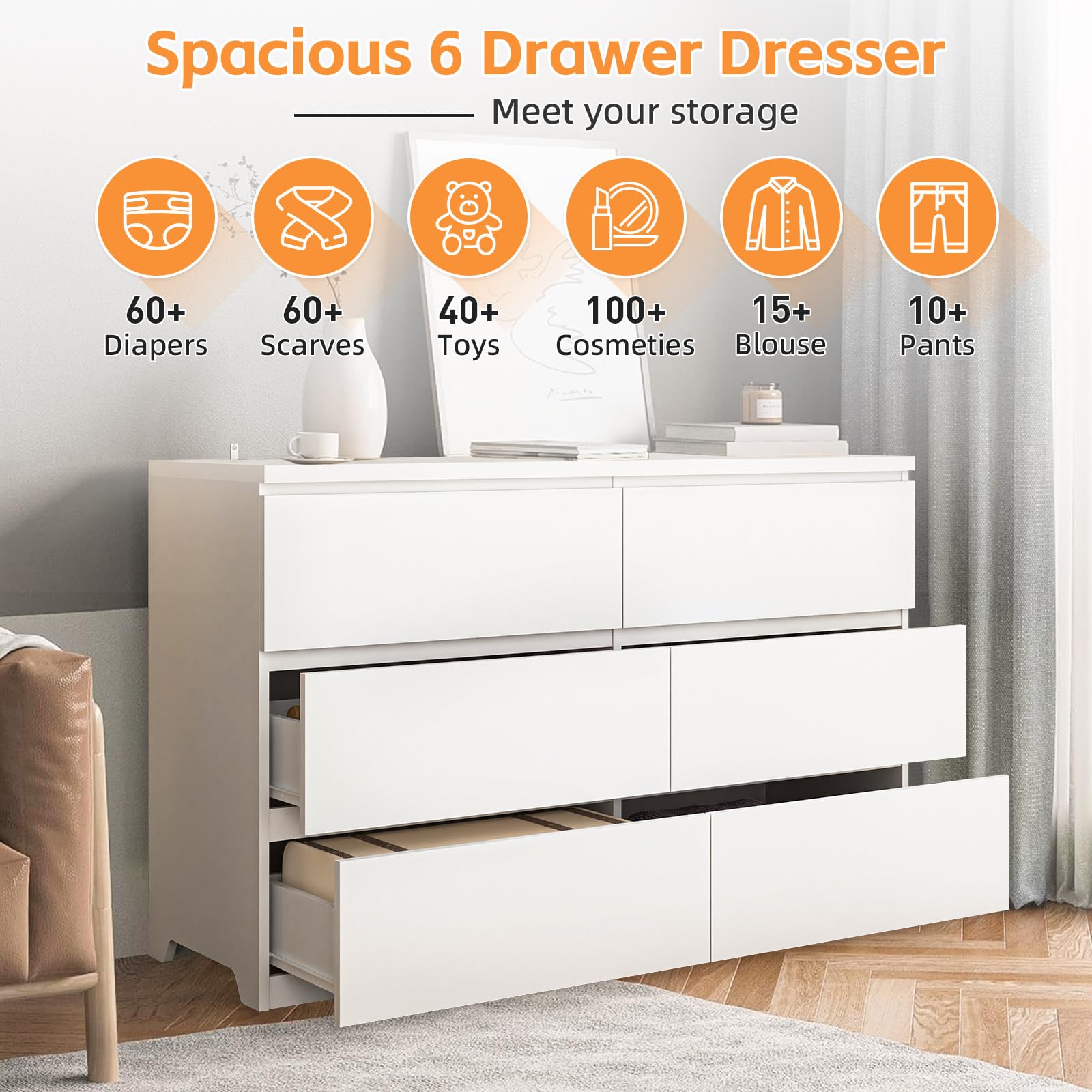 UZUGUL White Dresser for Bedroom, 48'' Modern 6 Drawer Dresser with Deep Drawer,Storage Chest of Drawer, Wood Dresser,Bedroom Dresser Furniture,TV Dresser for Living Room