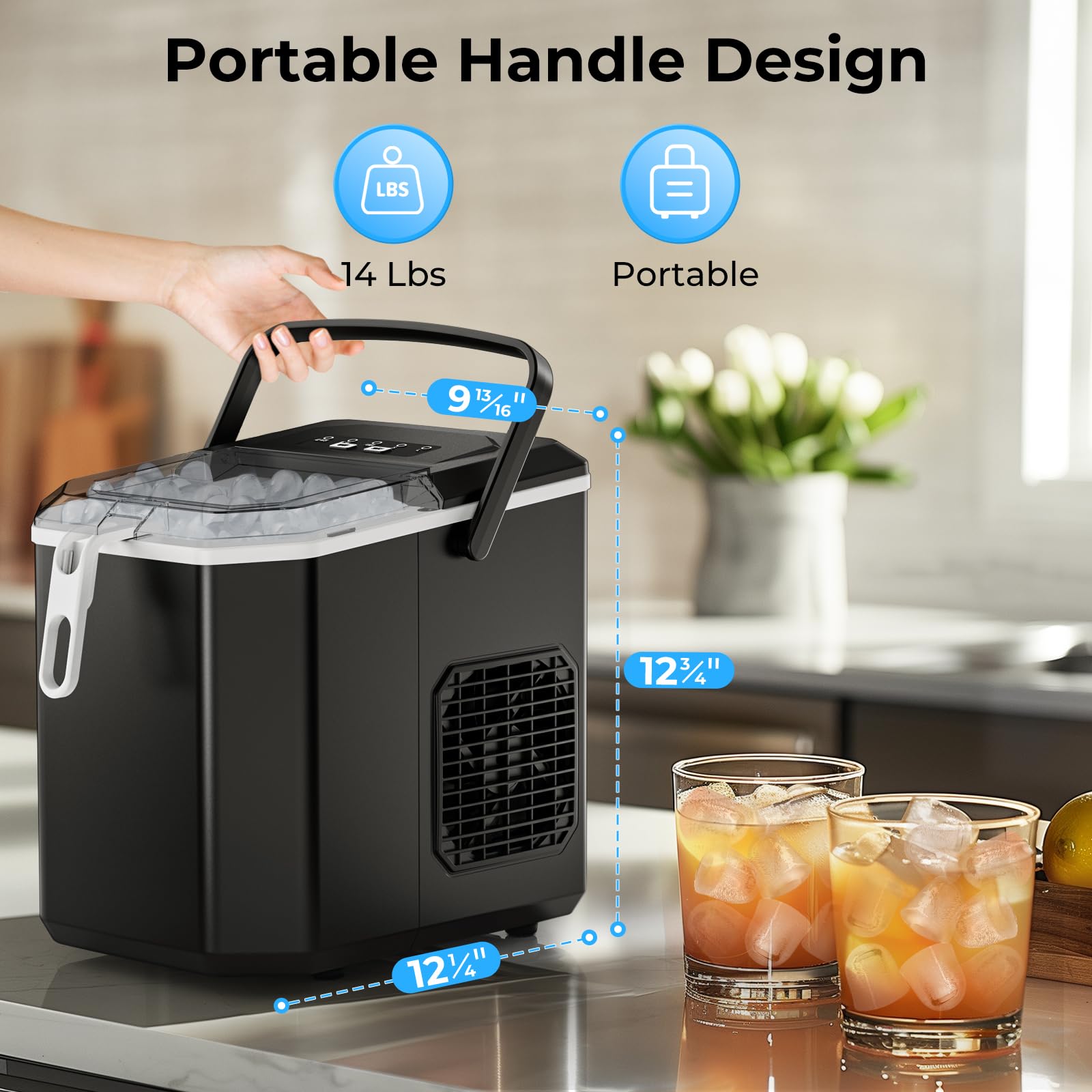 FREE VILLAGE Countertop Ice Maker, 6 Mins/9 Pcs Ice, 26 lbs Ice/24Hrs, Self-Cleaning Ice Machine with Ice Bags, Scoop, and Basket, Portable Ice Maker for Home/Kitchen/Office/Party, Black