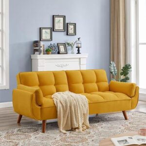 xgwihlo convertible sofa bed folding loveseat couch, modern futon recliner sleeper with adjustable backrest, yellow