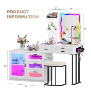 MDGC RGB Makeup Vanity Desk with Wireless Charging Station,7 Dynamic and 7 Static Dimmable Vanity Table with Glass Desktop,Vanity Mirror with Lights Desk&Chair,8 Drawers,Stool