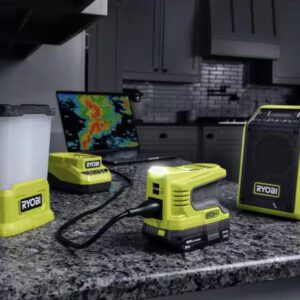 Buho Cordless 4-Tool Storm Ready Accessory Bundle - Ryobi Bluetooth Radio Area Light Power Inverter Multi Tool 2.0 Ah Battery 18 Volt Charger Tool Bag