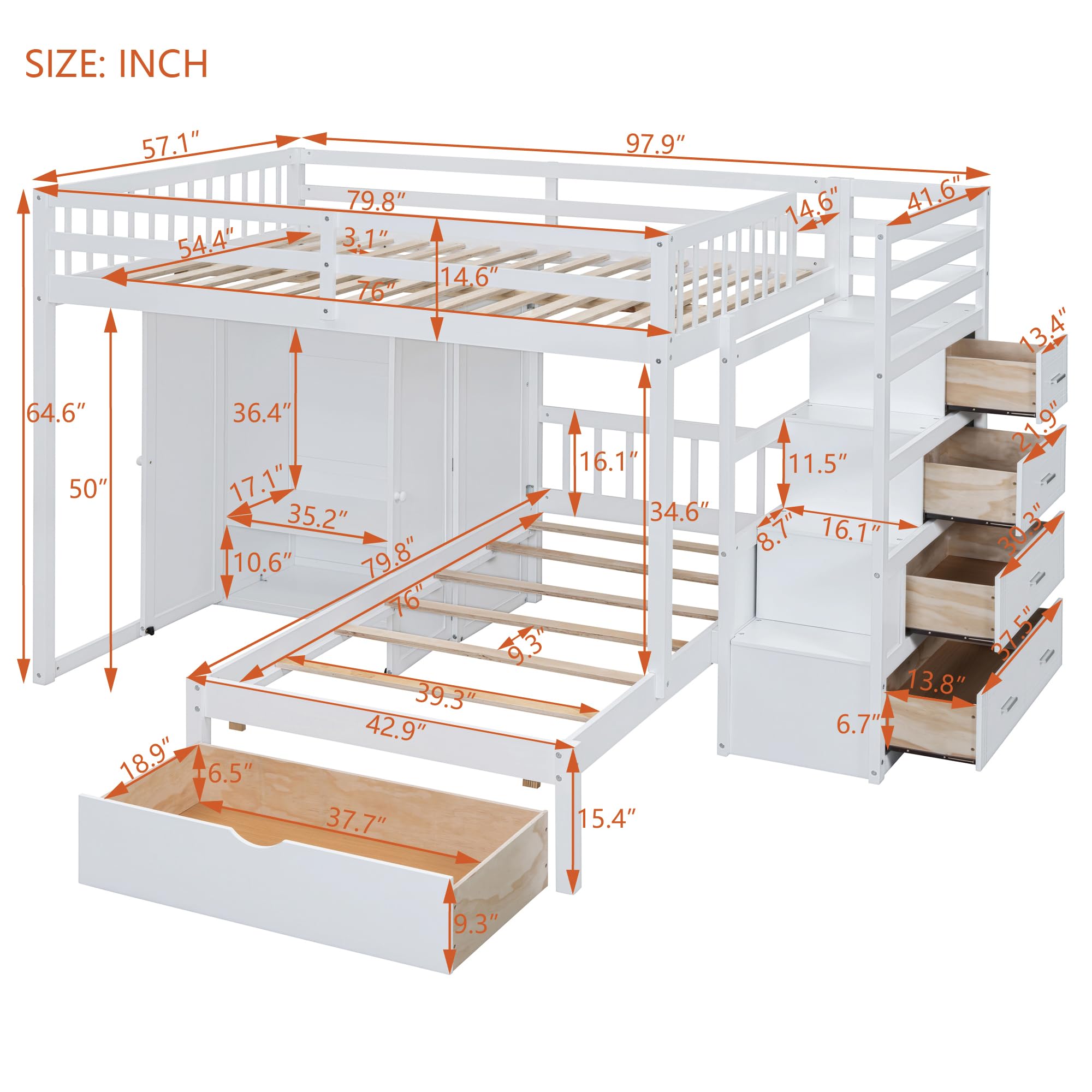 Harper & Bright Designs Full Over Twin Bunk Bed with Stairs & Wardrobe, Wood Bunk Bed with Storage Drawers, Kids Bunk Bed Full Over Twin Size for Bedroom,No Box Spring Needed(White)