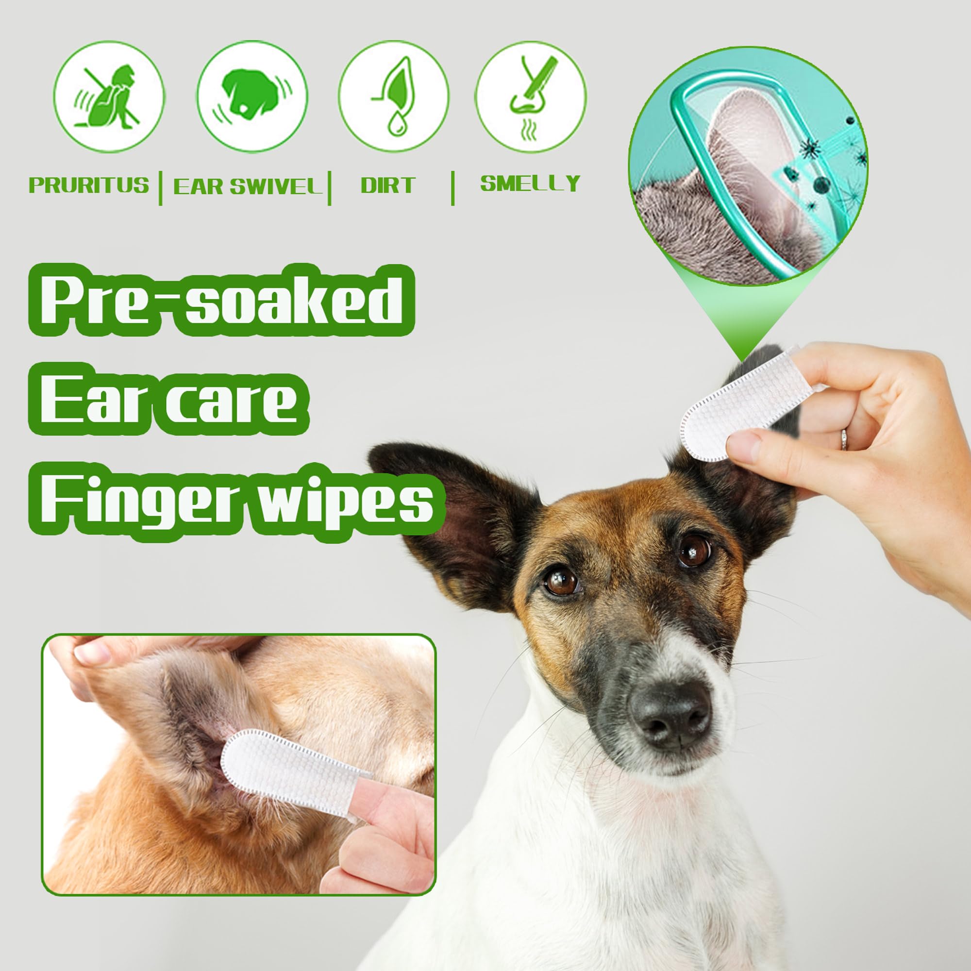 RosyLife PET Ear Cleaner Finger Wipes, Ear Finger Wipes, Ear Cleaning Finger Wipes for Dogs & Cats, Gently Removes Dirt & Odor, Dissolves Wax Build-Up, Easy to Use, Natural Ingredients - 55 Count