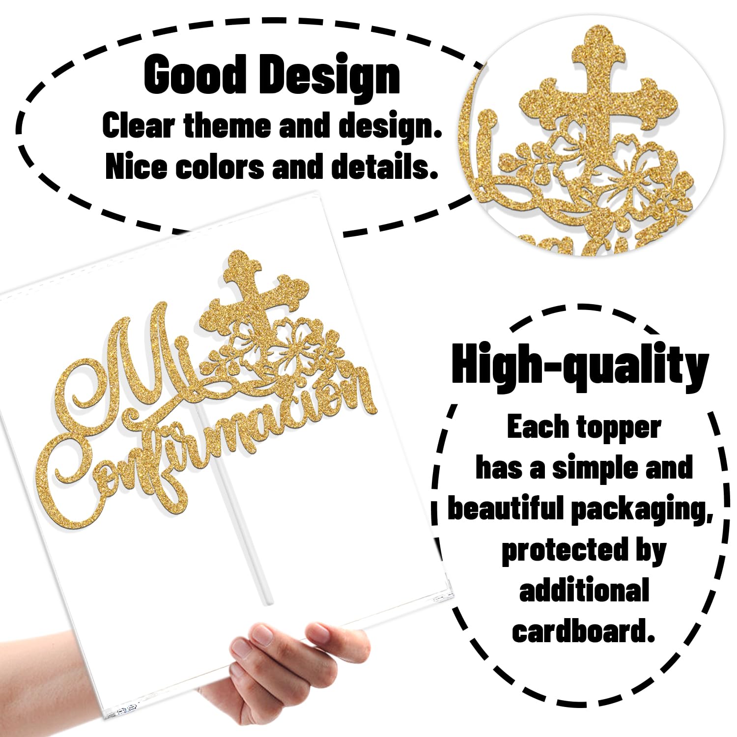 Mi Confirmacion Cake Topper, Mi Primera Comunion, First Holy Communion, Bridal Shower/Wedding/Baptism/Christening Baby Shower Party Decorations, Gold Glitter