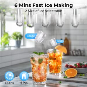 FREE VILLAGE Countertop Ice Maker, 6 Mins/9 Pcs Ice, 26 lbs Ice/24Hrs, Self-Cleaning Ice Machine with Ice Bags, Scoop, and Basket, Portable Ice Maker for Home/Kitchen/Office/Party, Black