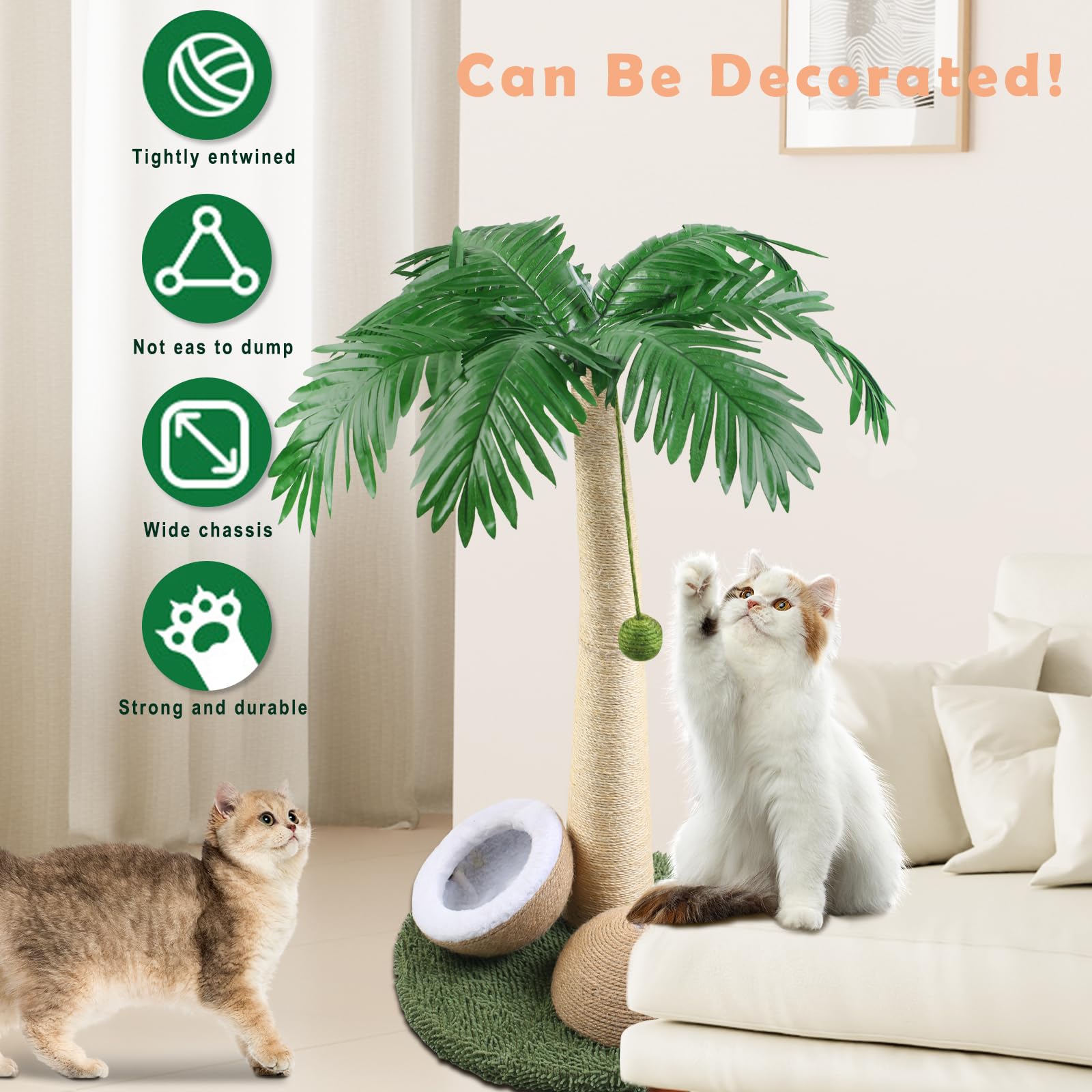 DOICAH Cat Scratching Post, 27" Tall Scratch Tree Coconut Palm with Premium Sisal Rope, Simulated Leaves and Coconut cat Scratching Ball,Toys for Indoor Kittens and Cats (Cat Scratching Ball)