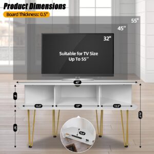 Corner TV Stand with 3 Open Divided Storage, Corner TV Console with Metal Feet and Anti-Slip Pads, Corner Entertainment Stand with Cable Hole, White