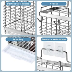 IWNTWY Utensil Holder, Stainless Steel Utensil Drying Rack with Drain Tray, Kitchen Counter Drainer Basket Silverware Cutlery Flatware Holder Forks, Knives, Spoons, Chopsticks Organizer (Silver)