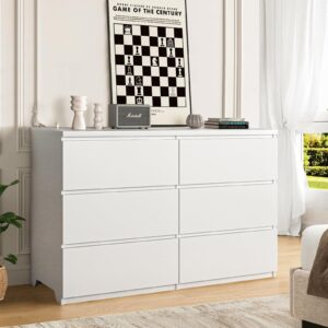 UZUGUL White Dresser for Bedroom, 48'' Modern 6 Drawer Dresser with Deep Drawer,Storage Chest of Drawer, Wood Dresser,Bedroom Dresser Furniture,TV Dresser for Living Room