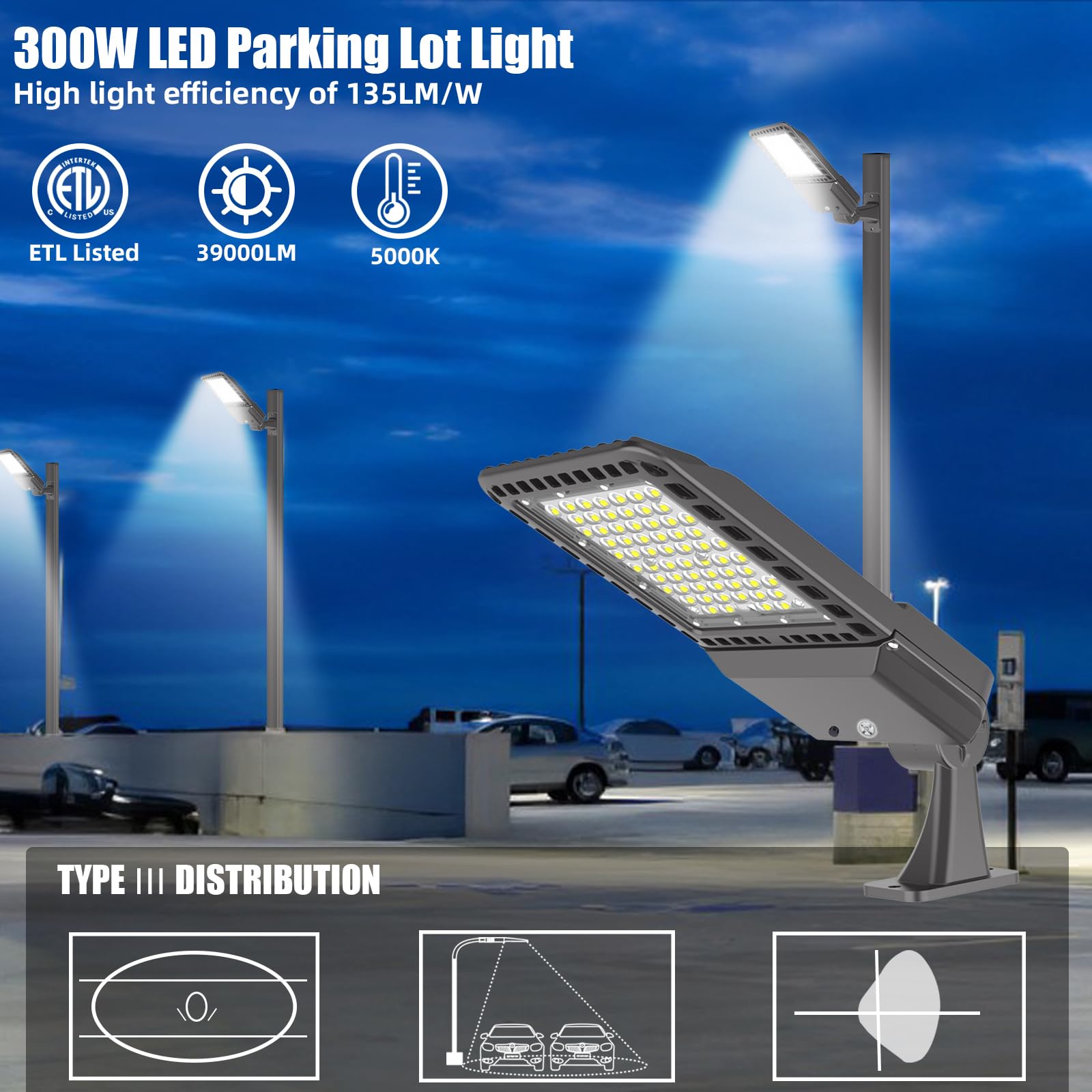 SEURON 4Pack 300W LED Parking Lot Lights with Adjustable Arm Mount, 39000LM Dusk to Dawn Photocell 5000K LED Outdoor Commercial Area Lighting, 100-277V IP65 Shoebox Light for Yard Roadway, ETL Listed