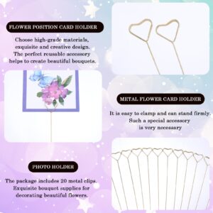 Mabor 20pcs Flower Card Holder Stick,Metal Floral Place Card Holder,Gift Card Holder,Flower Bouquet Accessories Heart Shape Flower Pick Clips for Floral Arrangement for Wedding Party Valentines