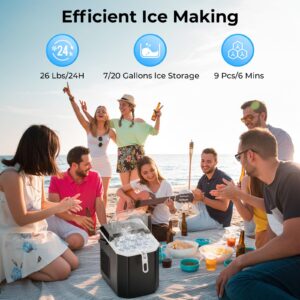 FREE VILLAGE Countertop Ice Maker, 6 Mins/9 Pcs Ice, 26 lbs Ice/24Hrs, Self-Cleaning Ice Machine with Ice Bags, Scoop, and Basket, Portable Ice Maker for Home/Kitchen/Office/Party, Black