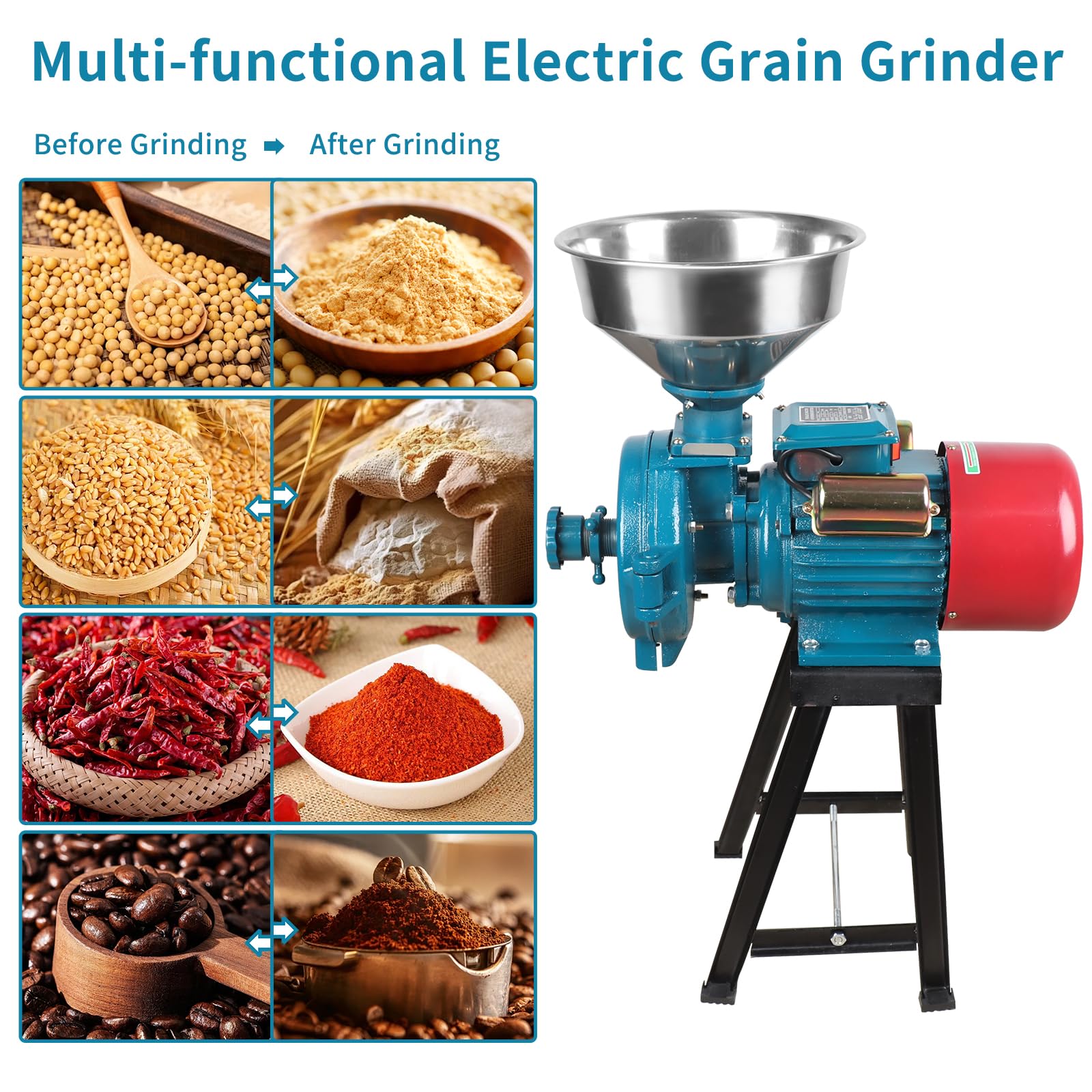 Snowtaros Electric Grain Mill Grinder 3000W 110V, Commercial Corn Grinder with Funnel, Dry Feed Grain Mill Machine, Thickness Adjustable, Powder Grinder for Grain Corn Rice Herbs Pepper (Dry Grinder)