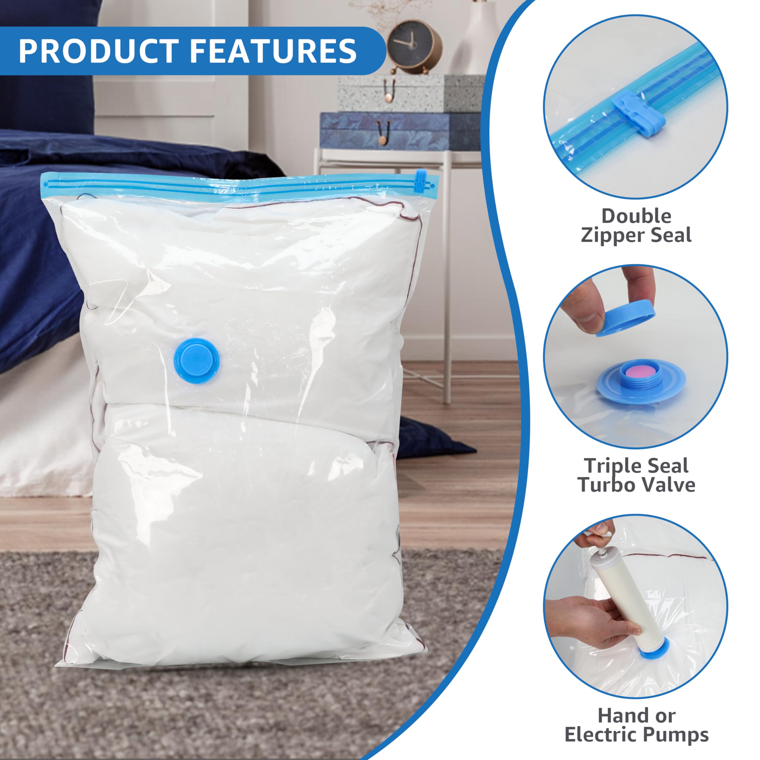 10 Jumbo Vacuum Seal Bags with Hand Pump, Vacuum Storage Bags, Space Saver Bags for Comforters, Blankets, Bedding, Pillows, Clothes