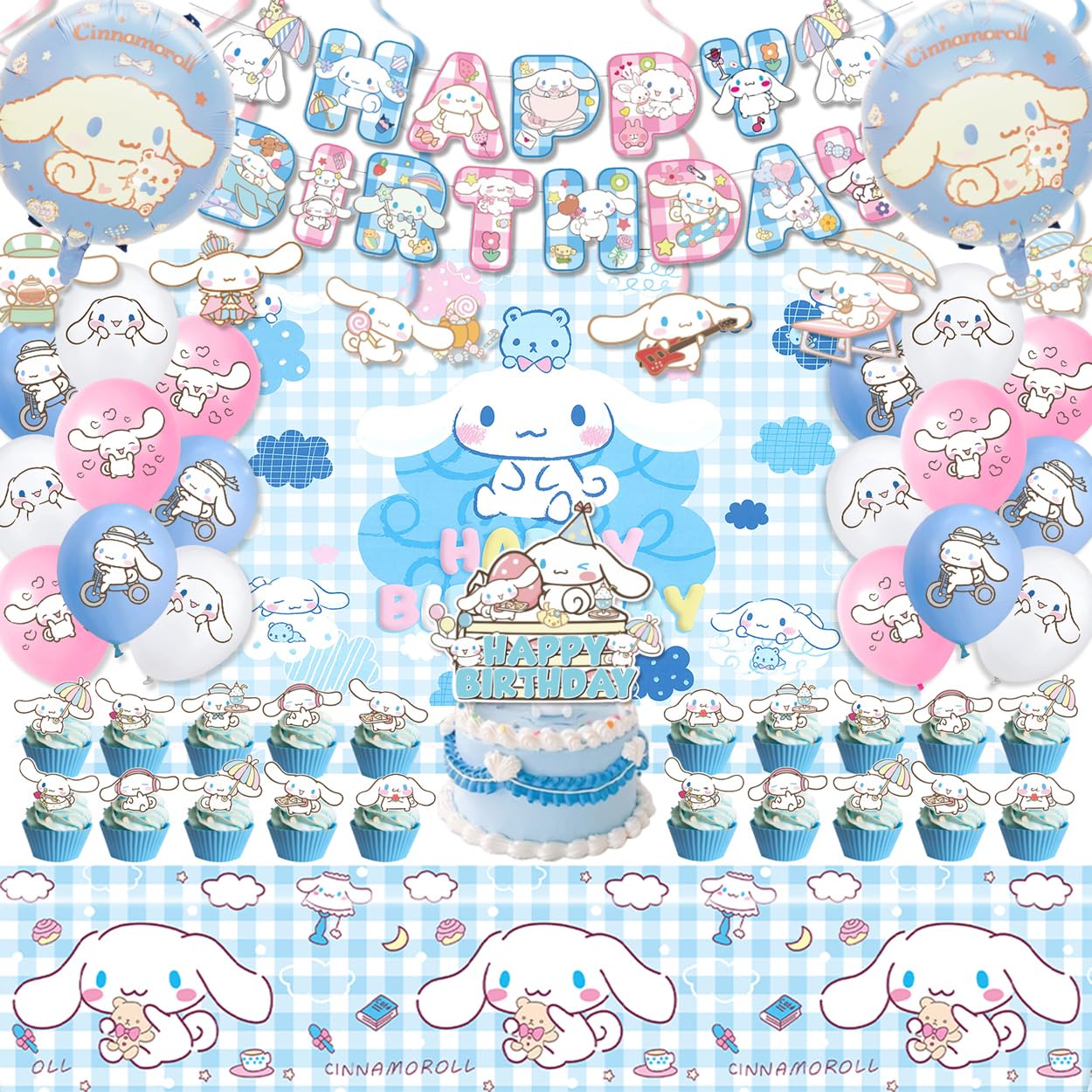 Cinnamoroll Birthday Decorations, Party Supplies Set Include Banner, Backdrop, Balloons, Hanging Swirls, Cake Cupcake Toppers, Tablecloth for Kids Cinnamoroll Theme Party