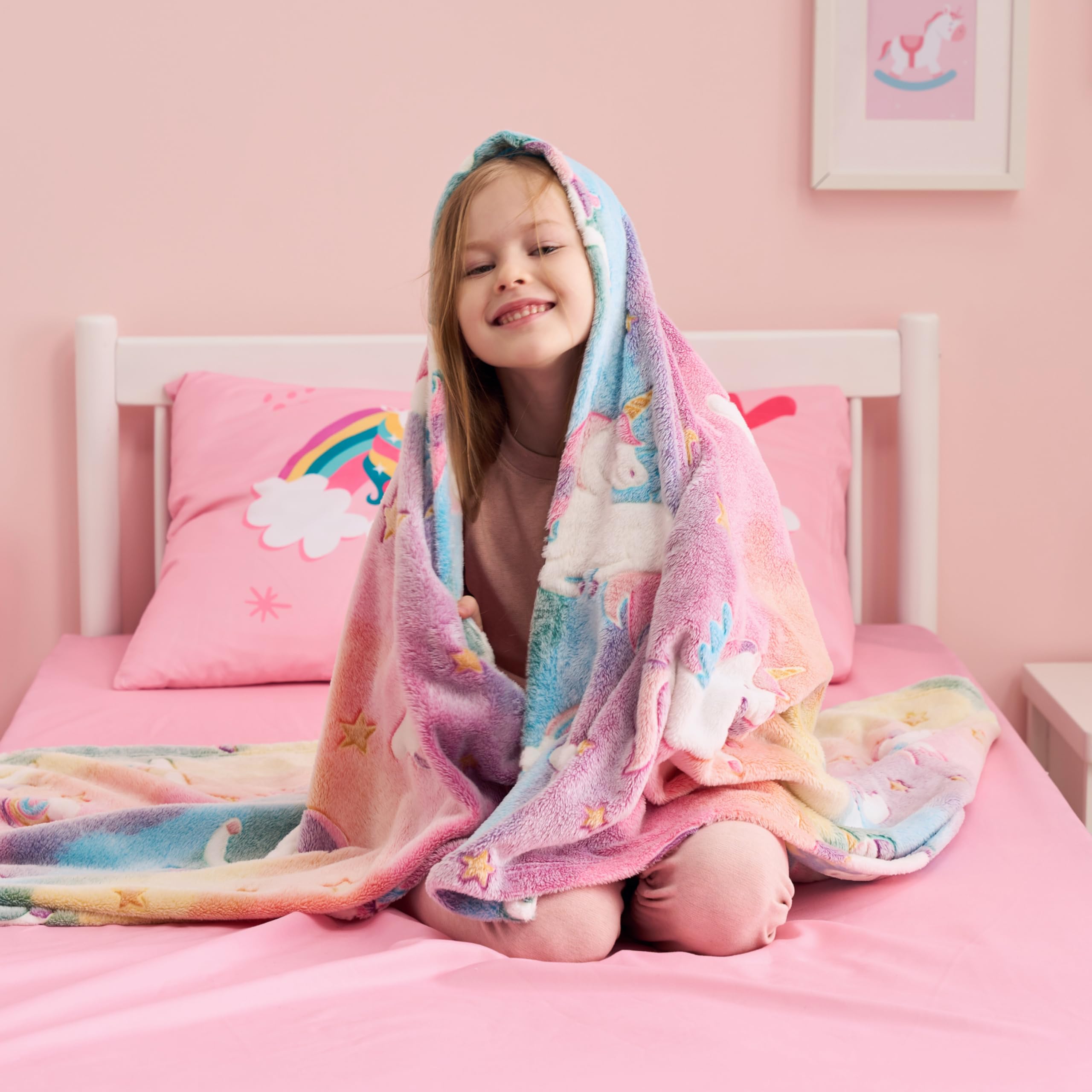 Joiedomi Glow in The Dark Blanket - Unicorns Gifts for Girls Age 2 3 4 5 6 7 8 9 10 11 12 Year Old - Soft Cozy Flannel Kids Throw Blanket - Birthday Bedroom Decor 50"×60"