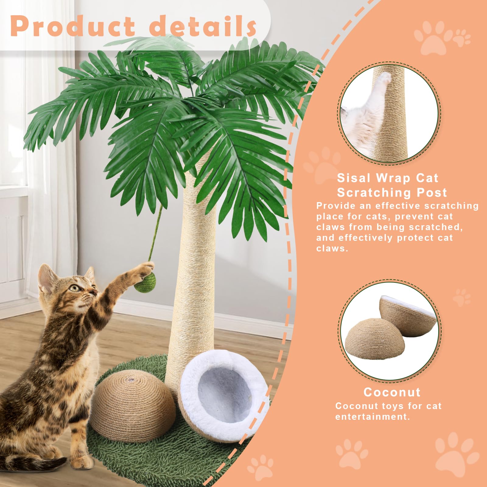 DOICAH Cat Scratching Post, 27" Tall Scratch Tree Coconut Palm with Premium Sisal Rope, Simulated Leaves and Coconut cat Scratching Ball,Toys for Indoor Kittens and Cats (Cat Scratching Ball)