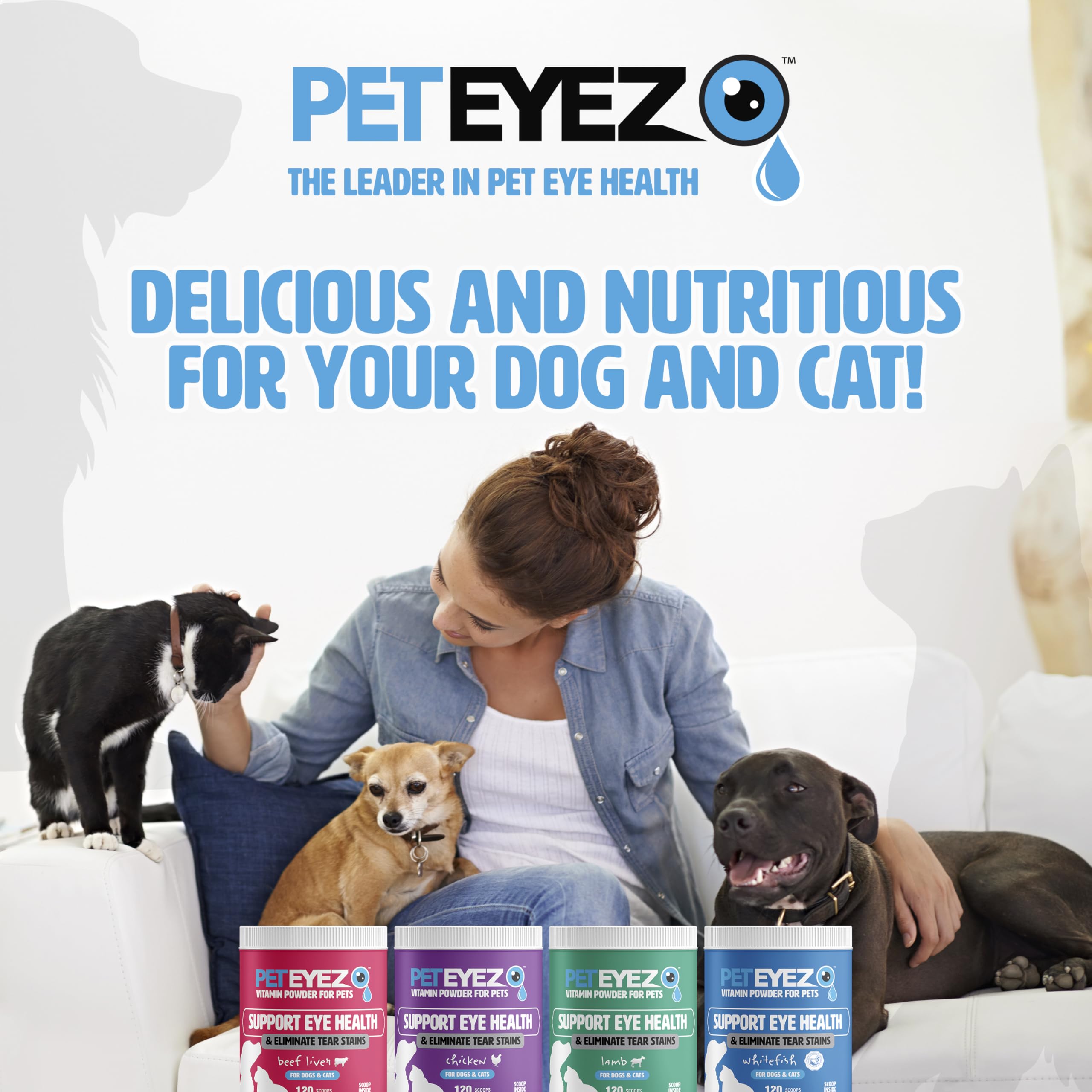 Pet Eyez Vitamin Powder for Pets - Supports Eye Health & Reduces Tear Stain Buildup - 100% Natural Food Topper for Dogs & Cats with Superfoods, Antioxidants & Nutrients - Whitefish Flavor - 120 Scoops