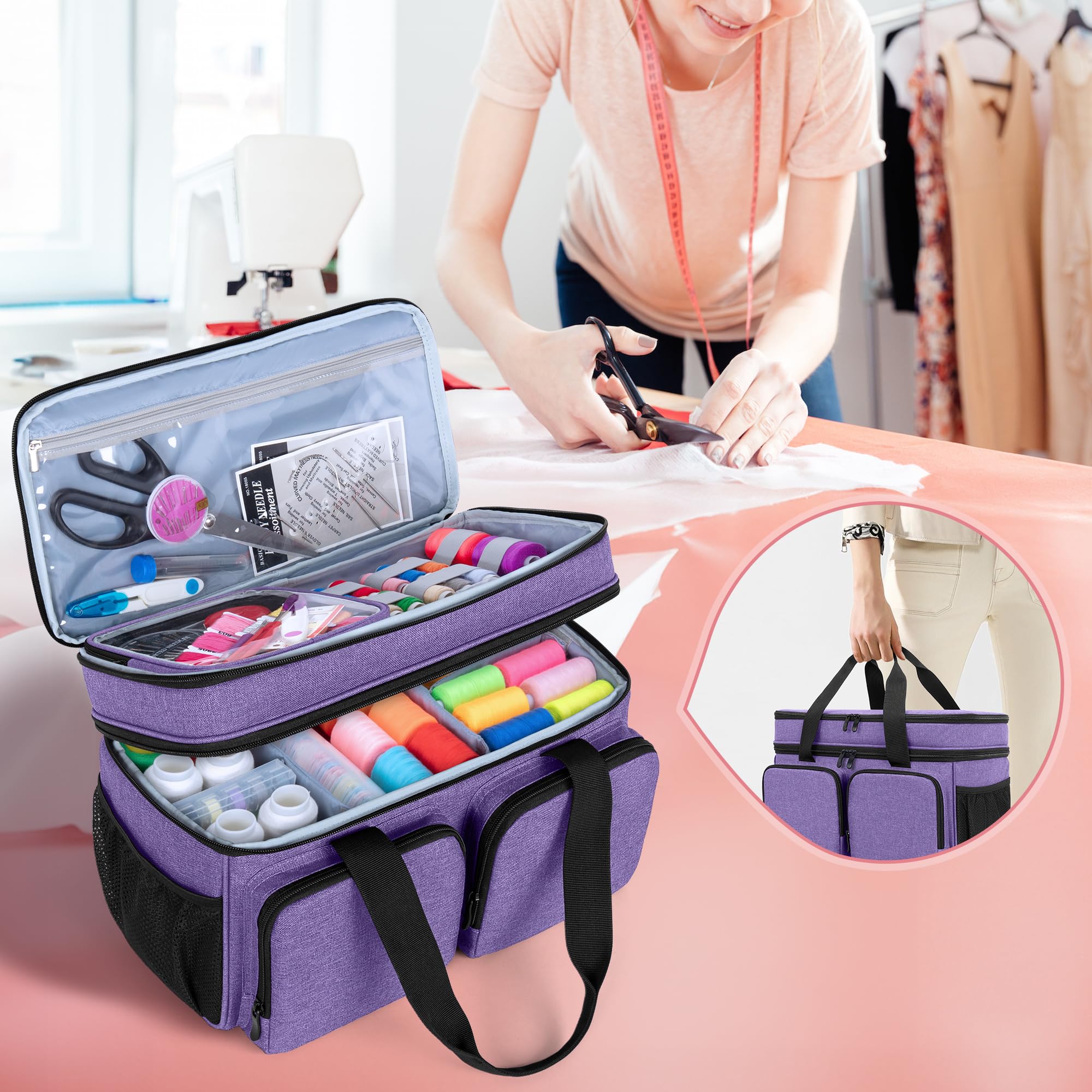 BAFASO Large Sewing Organizer Bag with an Individual Pouch and Detachable Dividers, 2 Layers Sewing Storage Bag for Sewing Supplies, Purple