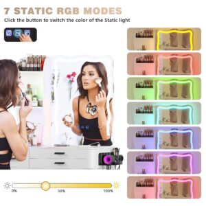 MDGC RGB Makeup Vanity Desk with Wireless Charging Station,7 Dynamic and 7 Static Dimmable Vanity Table with Glass Desktop,Vanity Mirror with Lights Desk&Chair,8 Drawers,Stool