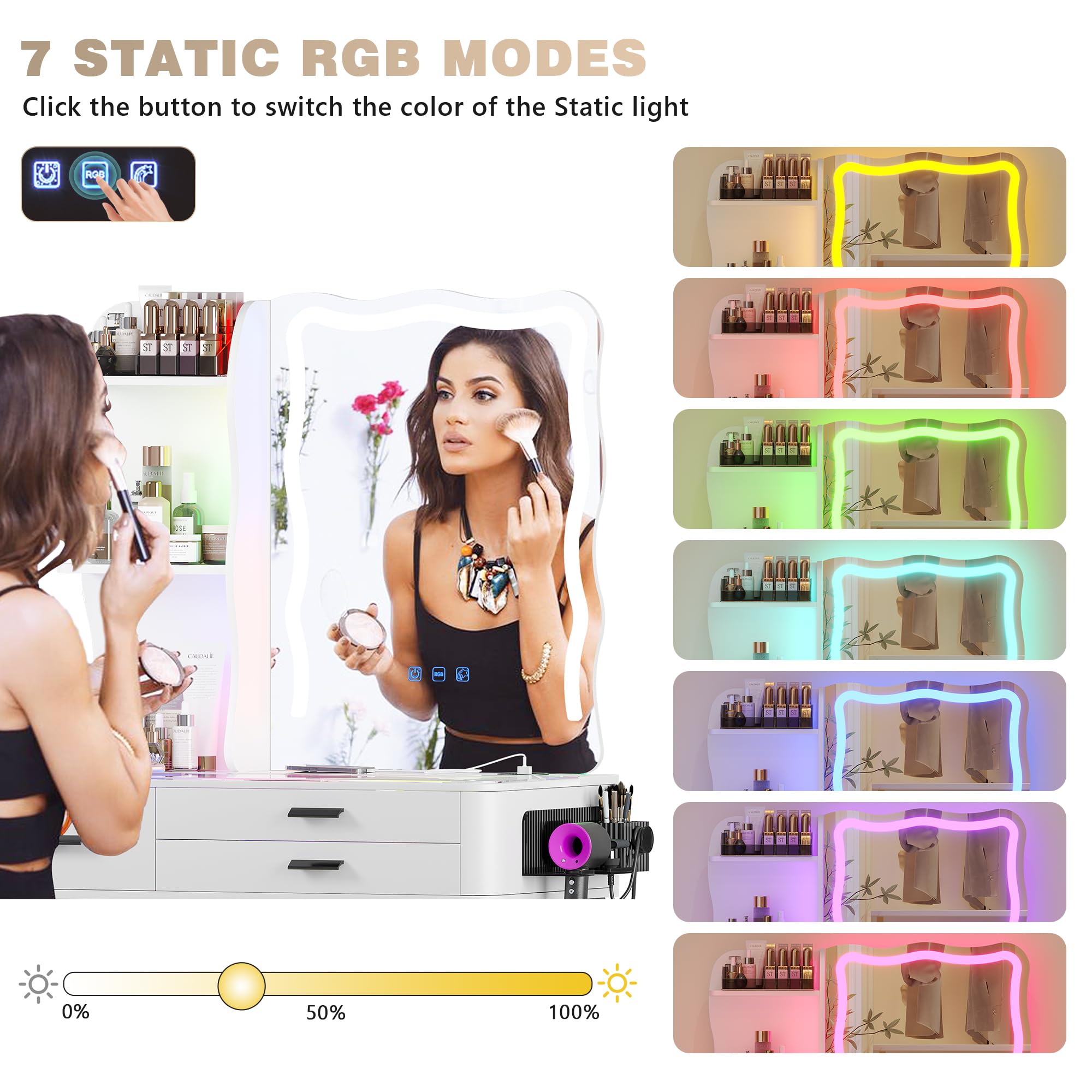 MDGC RGB Makeup Vanity Desk with Wireless Charging Station,7 Dynamic and 7 Static Dimmable Vanity Table with Glass Desktop,Vanity Mirror with Lights Desk&Chair,8 Drawers,Stool