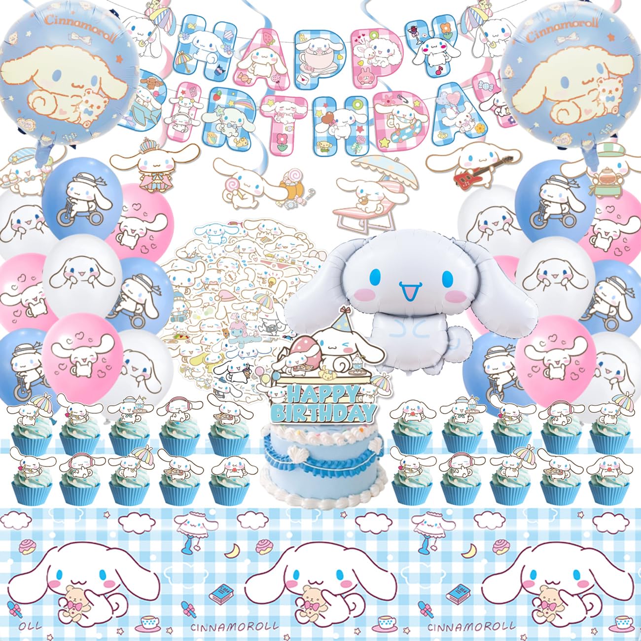 Cinnamoroll Birthday Decorations, 101PCS Party Supplies Set Include Banner, Balloons, Stickers, Hanging Swirls, Cake Cupcake Toppers, Tablecloth for Kids Cinnamoroll Theme Party