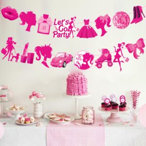 Hot Pink Girl Party Banners Pink Birthday Party Decorations for Girls Hot Pink Princess Banners for Girls Doll Theme Party Ladies Bachelorette Party Supplies