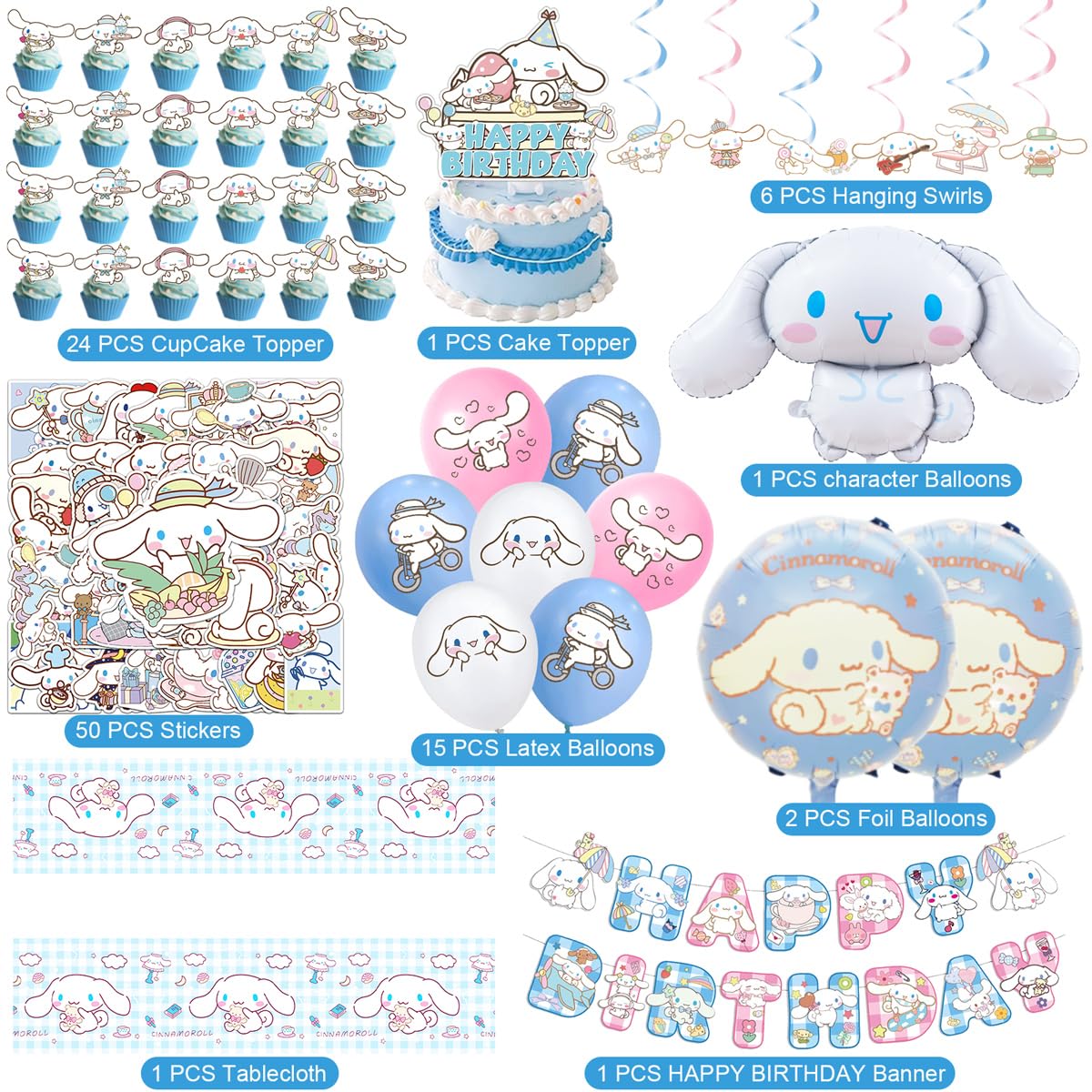 Cinnamoroll Birthday Decorations, 101PCS Party Supplies Set Include Banner, Balloons, Stickers, Hanging Swirls, Cake Cupcake Toppers, Tablecloth for Kids Cinnamoroll Theme Party