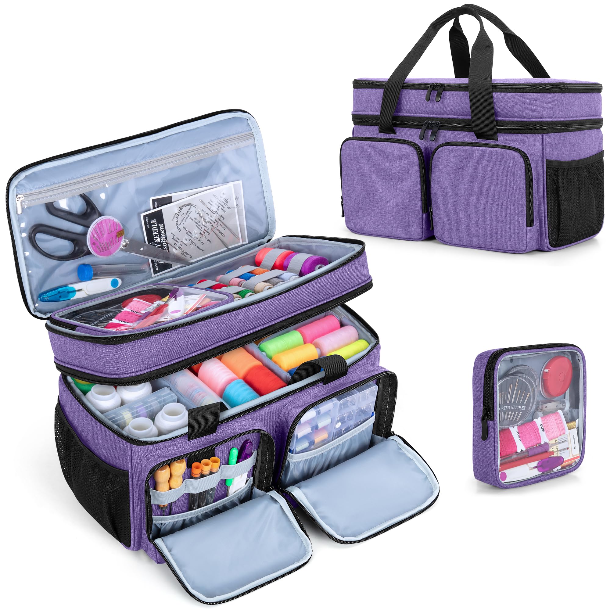 BAFASO Large Sewing Organizer Bag with an Individual Pouch and Detachable Dividers, 2 Layers Sewing Storage Bag for Sewing Supplies, Purple