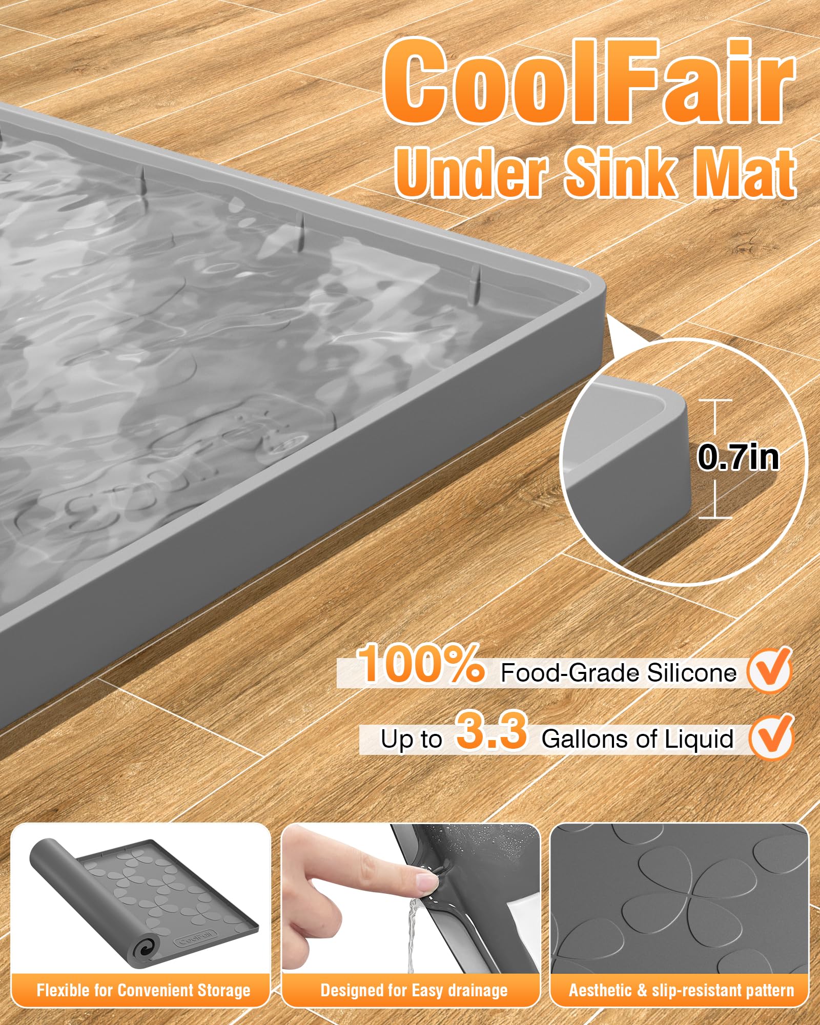 CoolFair Waterproof Under Sink Mat, 34" x 22" Silicone Mat for Kitchen Bathroom, Cabinet Liner for Kitchen Organizers and Storage Sink Drip Tray, Leaks, Easy to Clean, Holds 3.3 Gallons - Gray