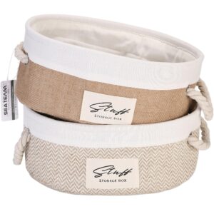 sea team 2-pack small jute and canvas storage baskets with cotton rope handles - ideal for toiletries, toys, sundries, desk gadgets