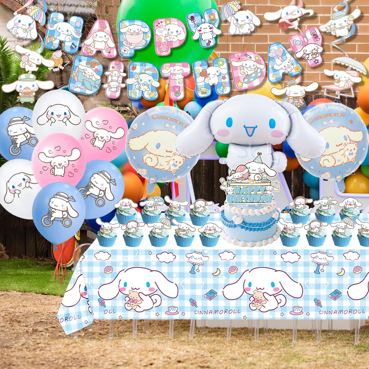 Cinnamoroll Birthday Decorations, 101PCS Party Supplies Set Include Banner, Balloons, Stickers, Hanging Swirls, Cake Cupcake Toppers, Tablecloth for Kids Cinnamoroll Theme Party