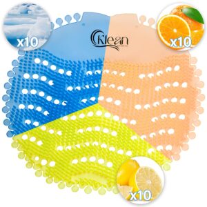 Urinal Screen Deodorizer (30 Pack) Scented Urinal Deodorizer (10 Ocean Mist+10 Orange+10 Lemon) for Restroom Urinals Disposable Gloves 30-Pack Urinal Mats Scented Urinal Screens Odor & Anti-Splash