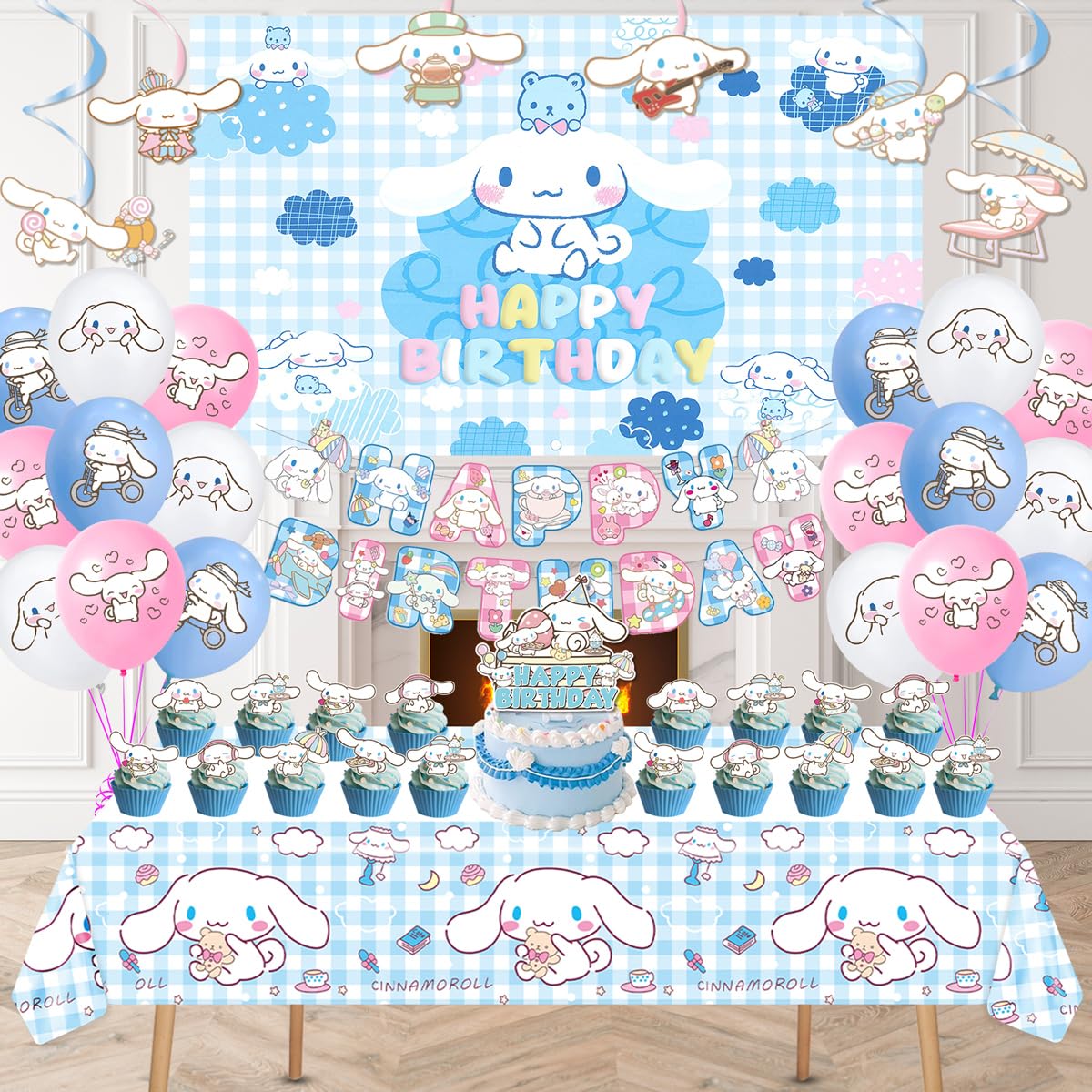 Cinnamoroll Birthday Decorations, Party Supplies Set Include Banner, Backdrop, Balloons, Hanging Swirls, Cake Cupcake Toppers, Tablecloth for Kids Cinnamoroll Theme Party